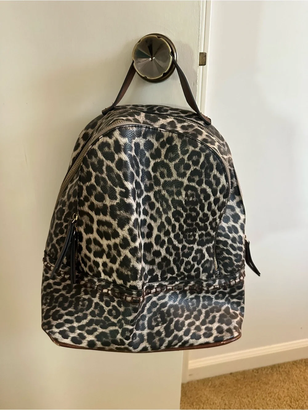 Leopard Print Leather Backpack - Brown/Black
